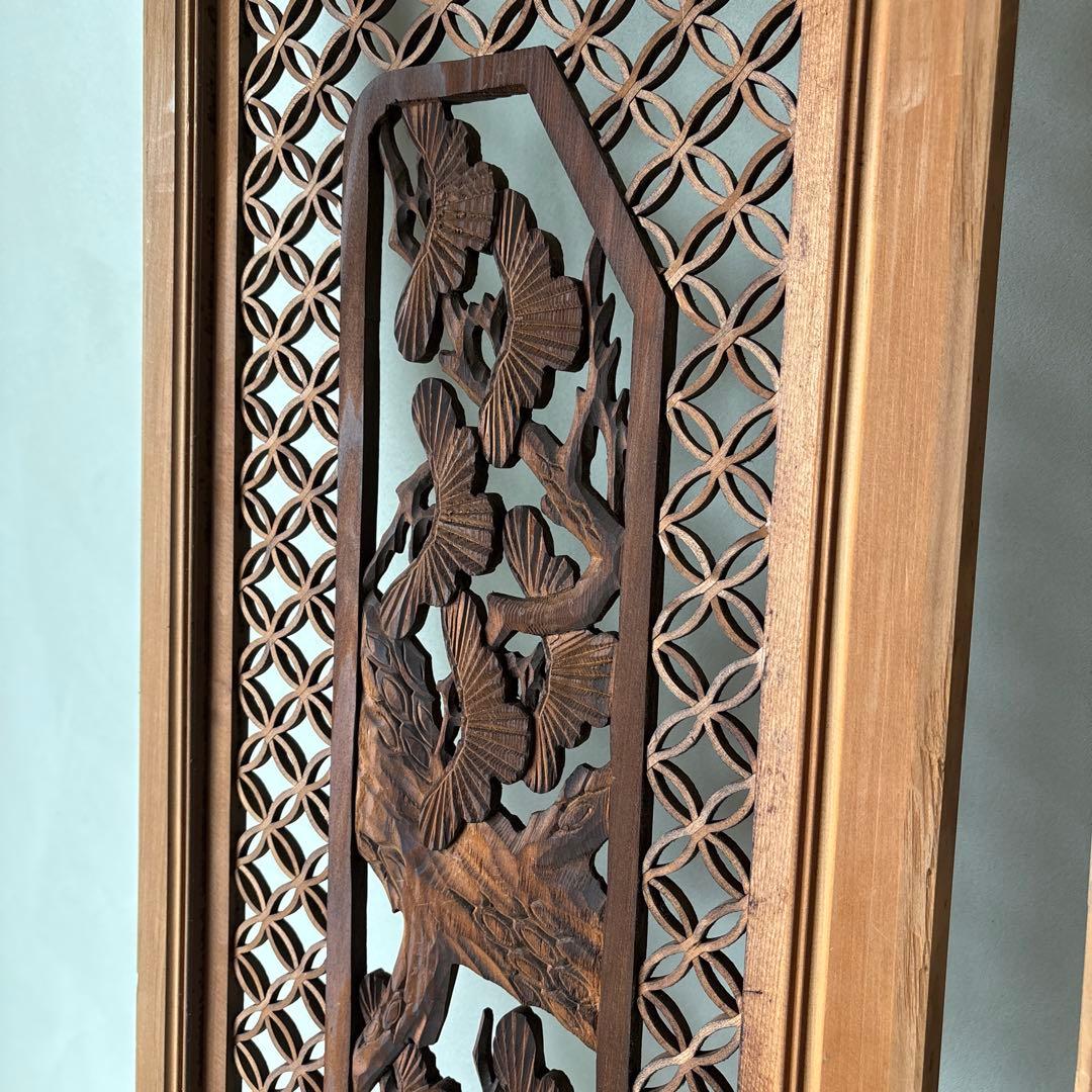 古い彫刻欄間　七宝組子　松　鷹　らんま　格子　手彫　木彫　木彫り　白木　当時物1