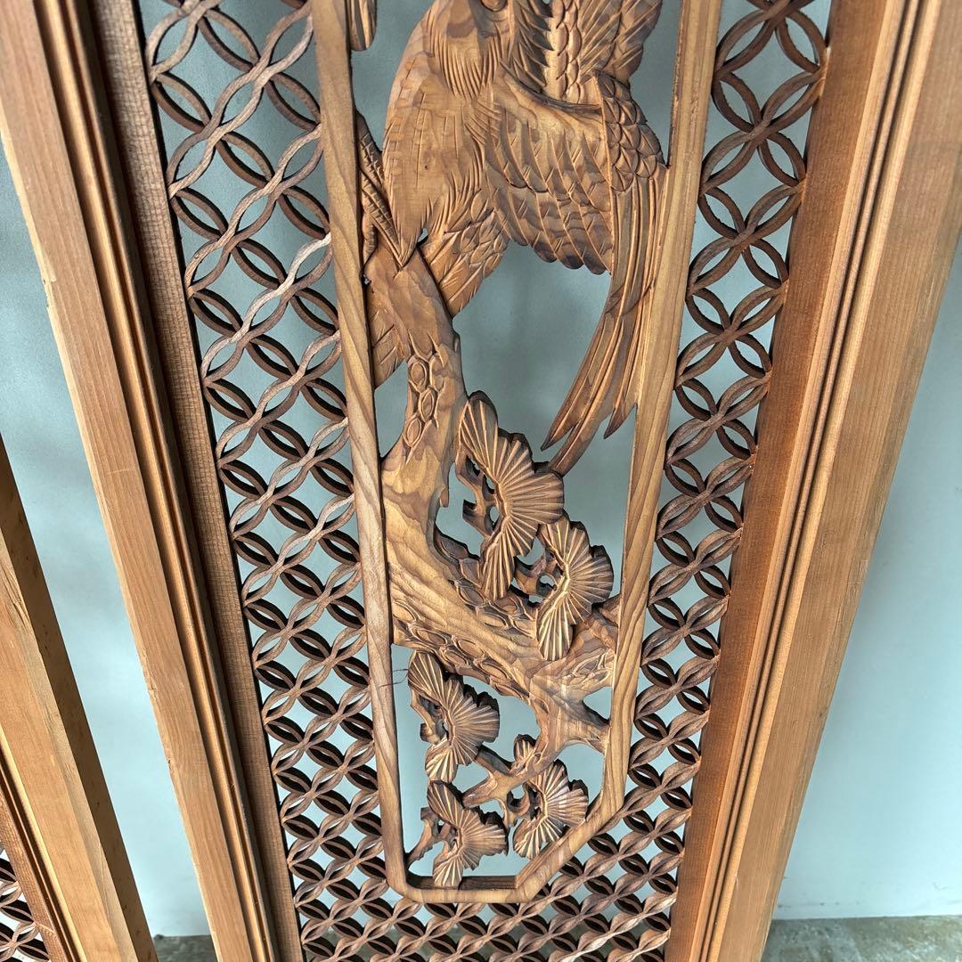 古い彫刻欄間　七宝組子　松　鷹　らんま　格子　手彫　木彫　木彫り　白木　当時物1