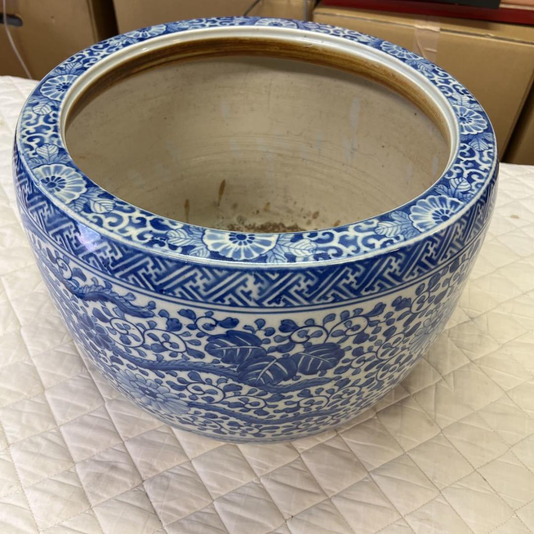 火鉢 染付 古民具 金魚鉢 メダカ鉢 伊万里 睡蓮鉢 アンティーク