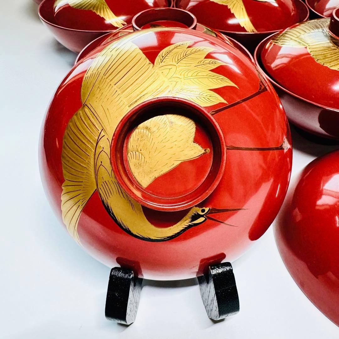 漆器輪島塗　蒔絵金彩細工鶴文　木製　蓋付椀　お煮物椀　吸物椀　10客　骨董品