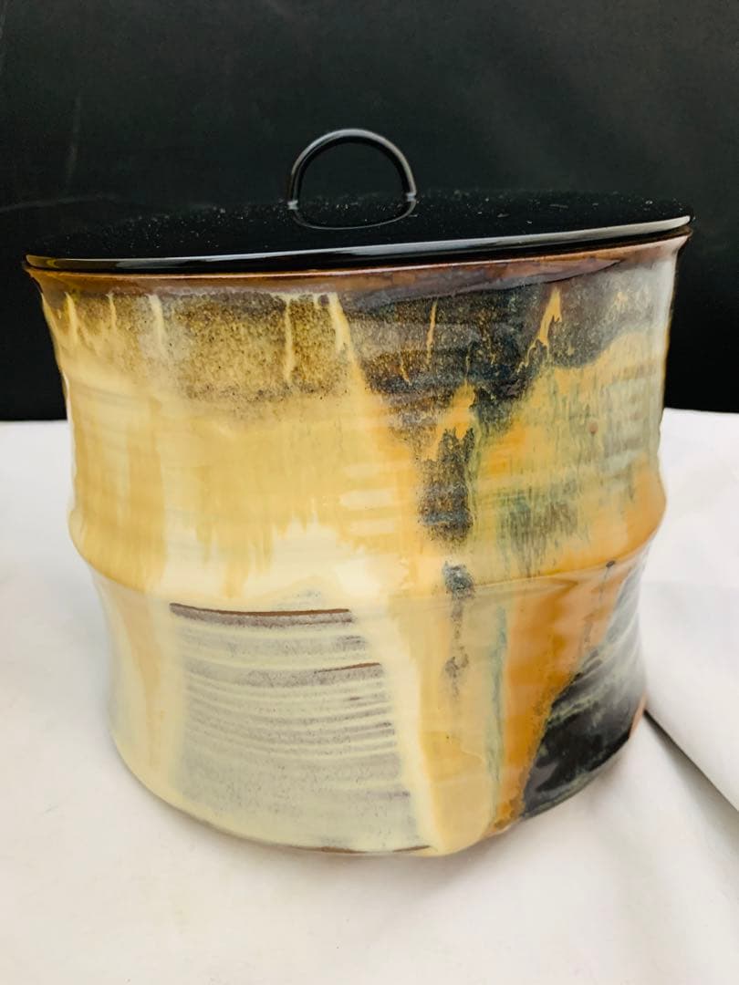 十四代 亀井味楽 高取 掛分釉水指 栞共箱 高取焼 味楽窯 茶道具