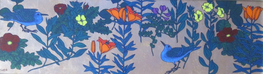 佐田　勝　「作品」（野の花・鳩）　ガラス絵　98×28cm　≪真作≫　MC