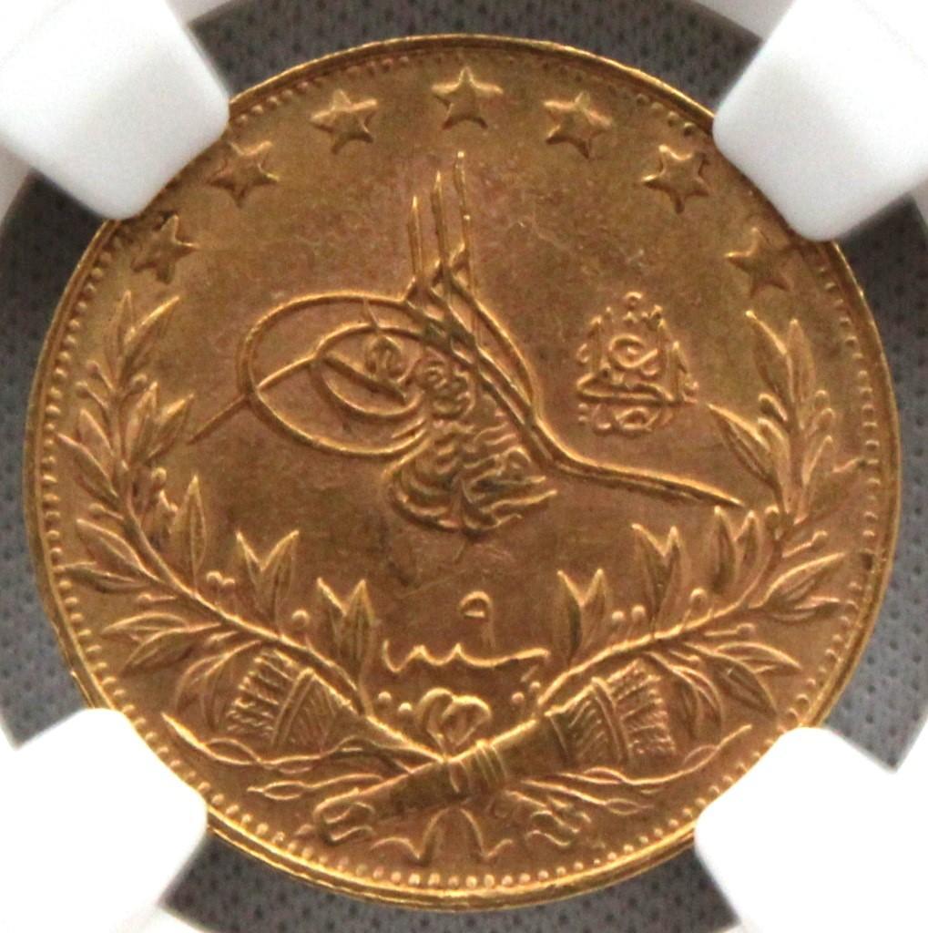 AH1327//9 オスマン・トルコ帝国 100クルシュ 金貨 NGC MS63