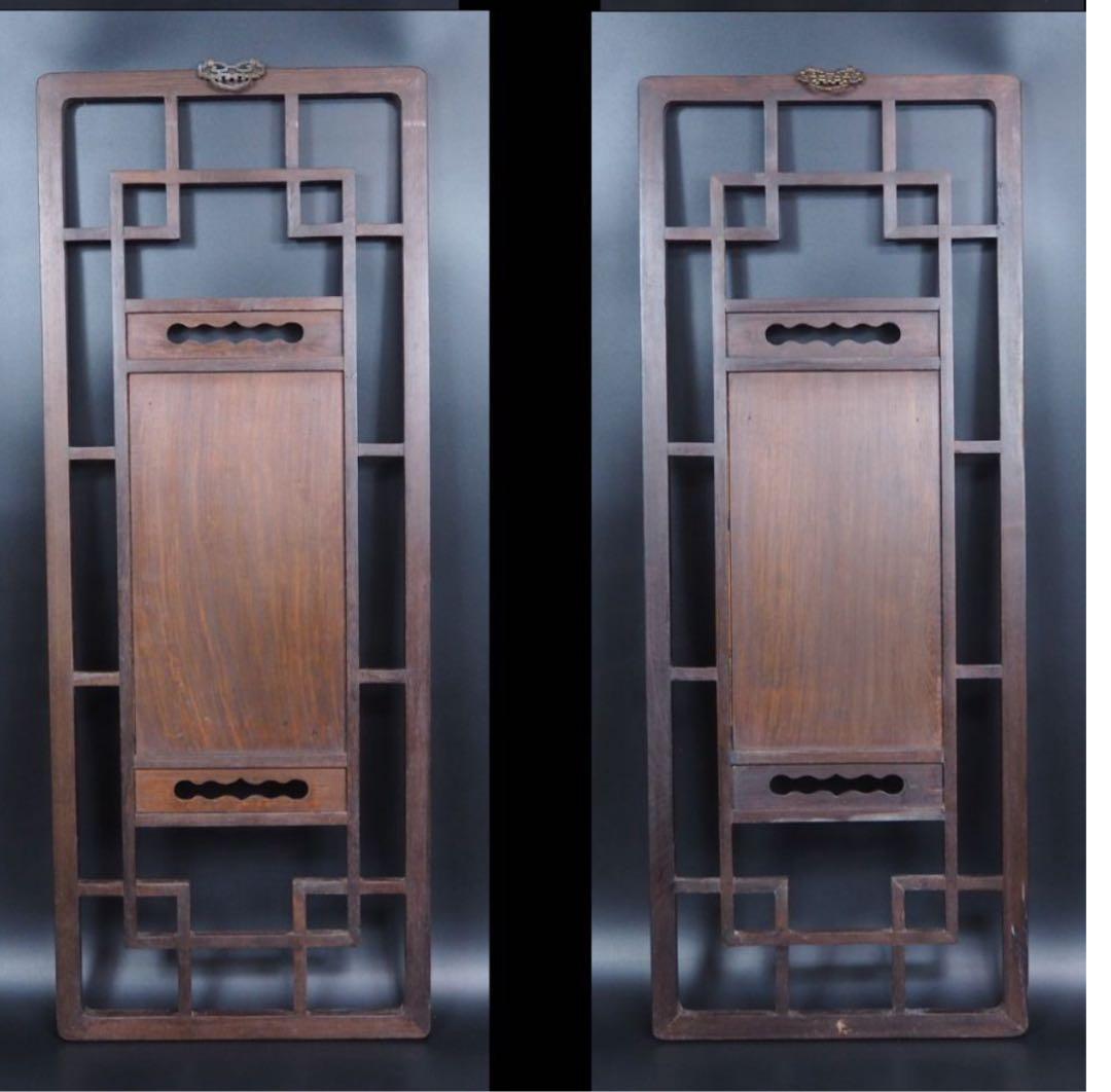 送料無料　清末～民国　唐木紅木鉄刀木　梅蘭竹菊四君子紋彫刻額　94×38ｃｍ