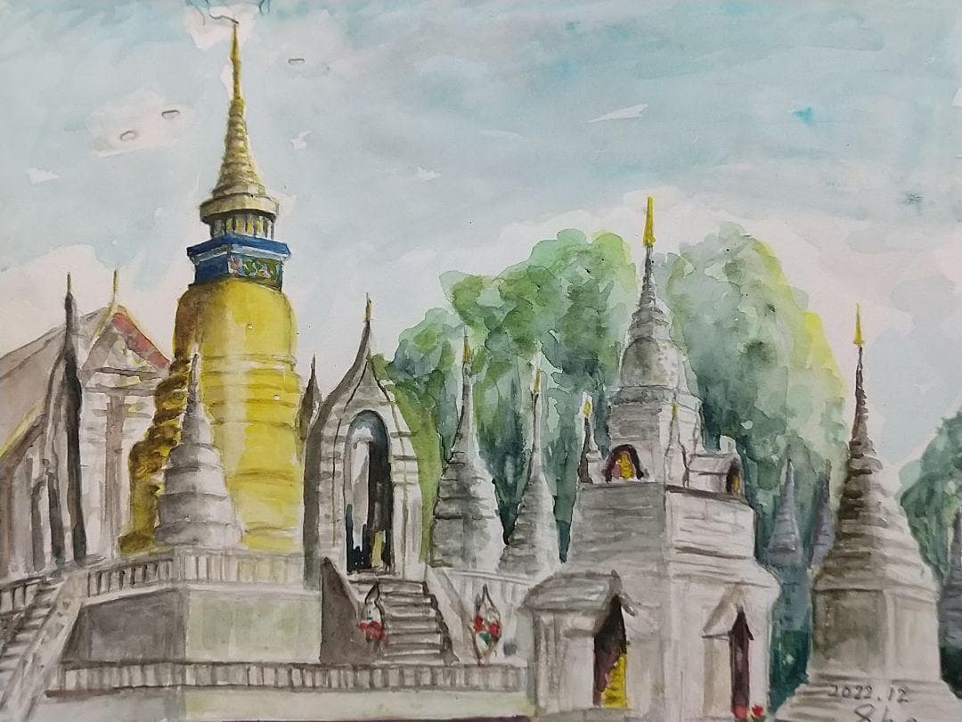 風景画　タイ　チエンマイ　お寺　水彩画　2枚もの　お寺　水彩画　SHO