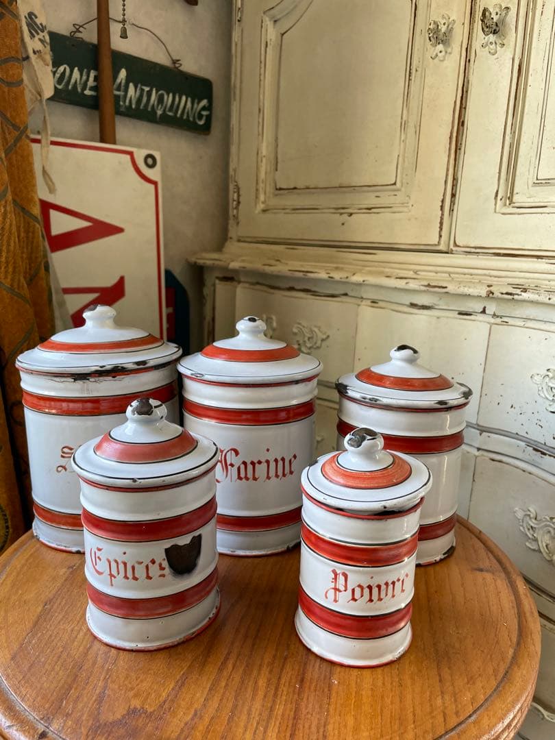 フランス　アンティーク　ホーロー　キャニスター　5個　ホワイト　レッド　ライン