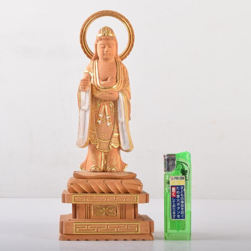 仏教美術　金彩柘植彫刻　慈母観音立像　仏像　置物　M　7076
