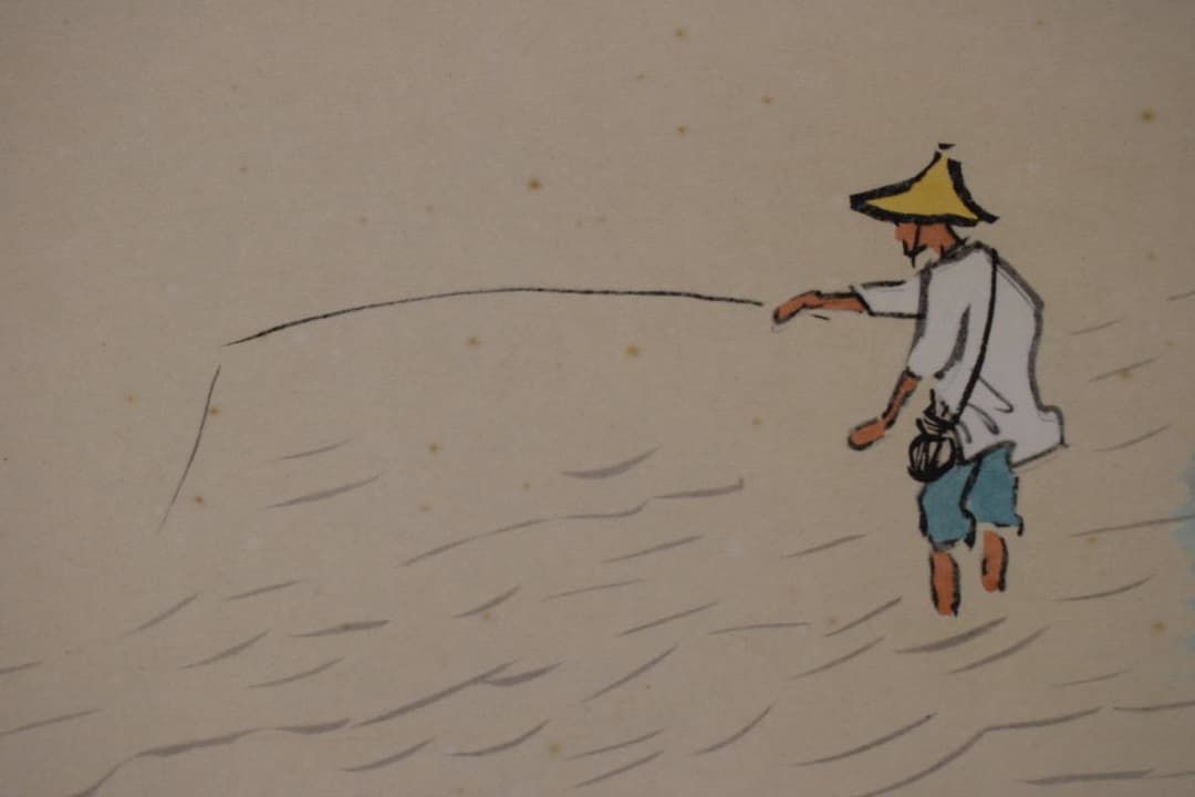 【複製】川合玉堂/清流釣魚/釣人図/横物/工芸品/掛軸☆宝船☆Y-451　JM