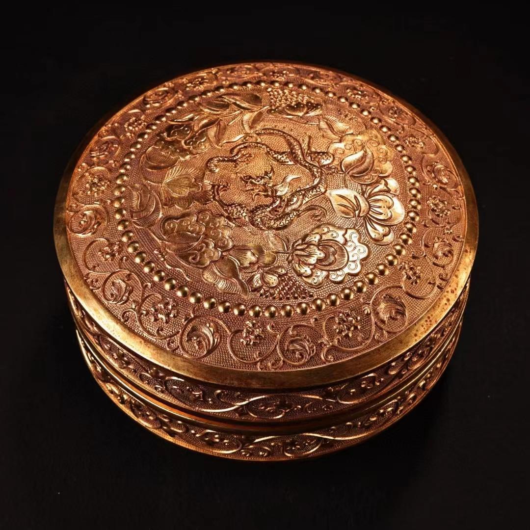 中国古美術・旧藏紫銅鎏金龍の首飾箱・細密彫・純手作り・高浮彫・文房・置物・茶道具