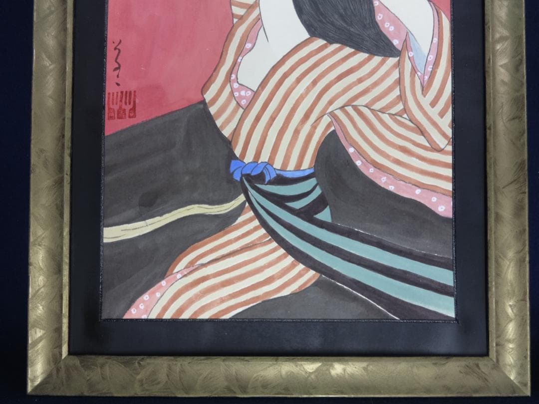 竹久夢二 着物美人 肉筆水彩画・夢二式美人 だらり帯・大正ロマン・ty06g