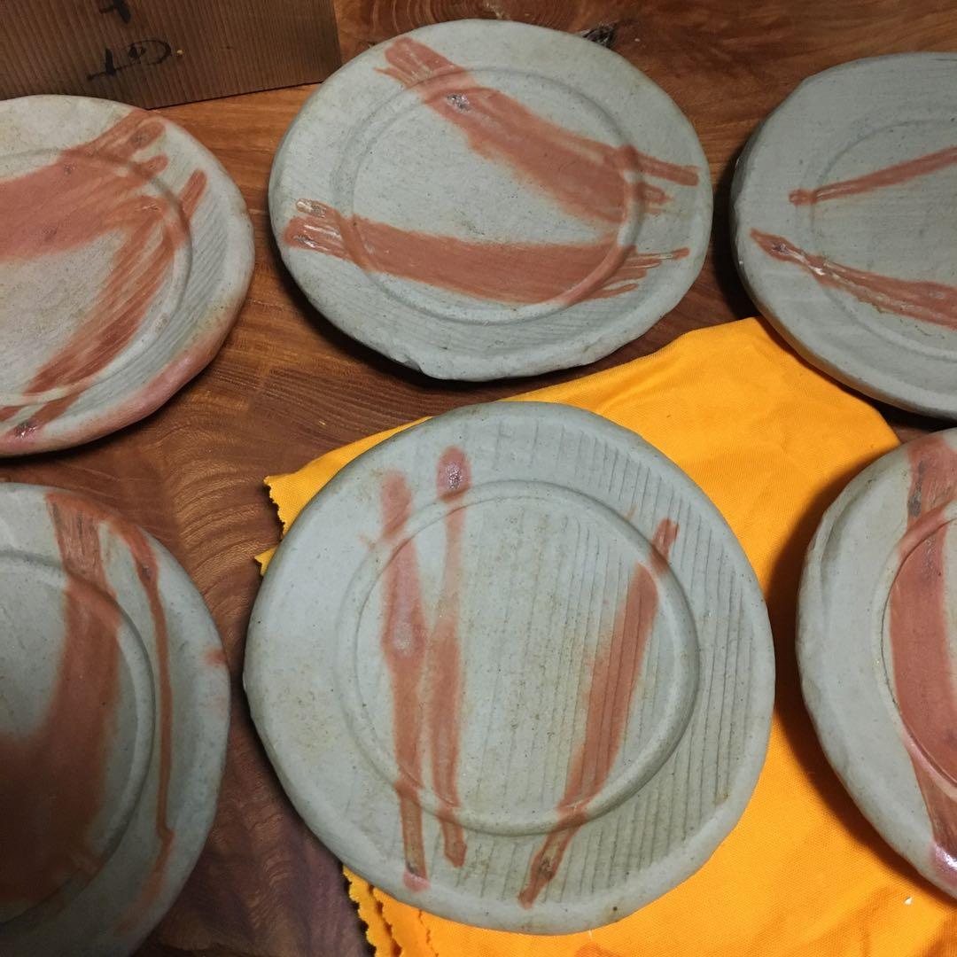 備前焼　緋襷　たたき皿　タタキ皿　5客揃　共箱　共布