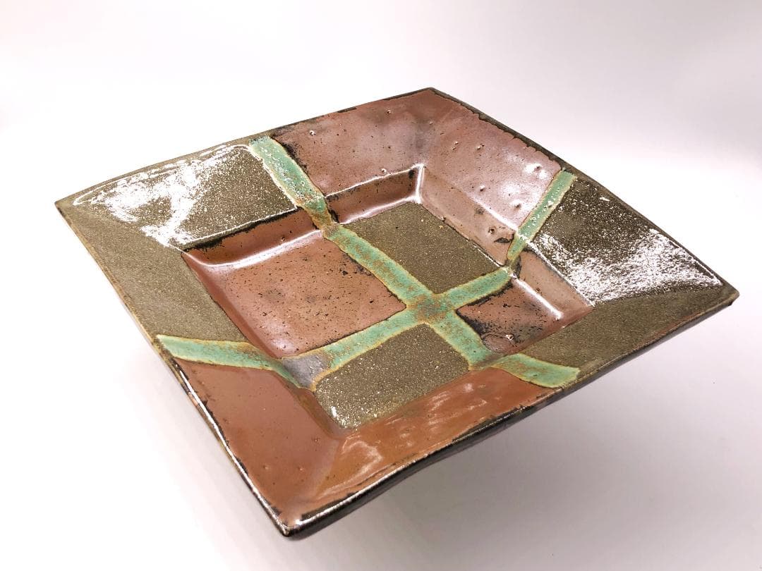 【 人間国宝 浜田庄司 】　柿釉青差角盛皿 40cm本人作　蔵出初品