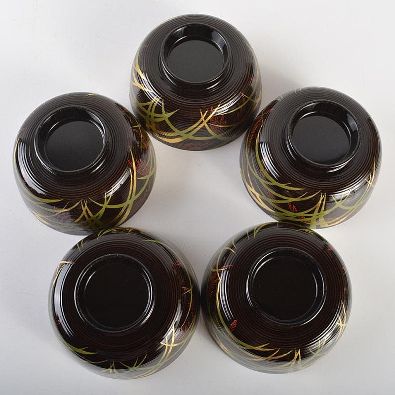 茶道具　山中塗　塗師　辻石斎造　糸目尾花椀　五客　共布共箱　U　R7473