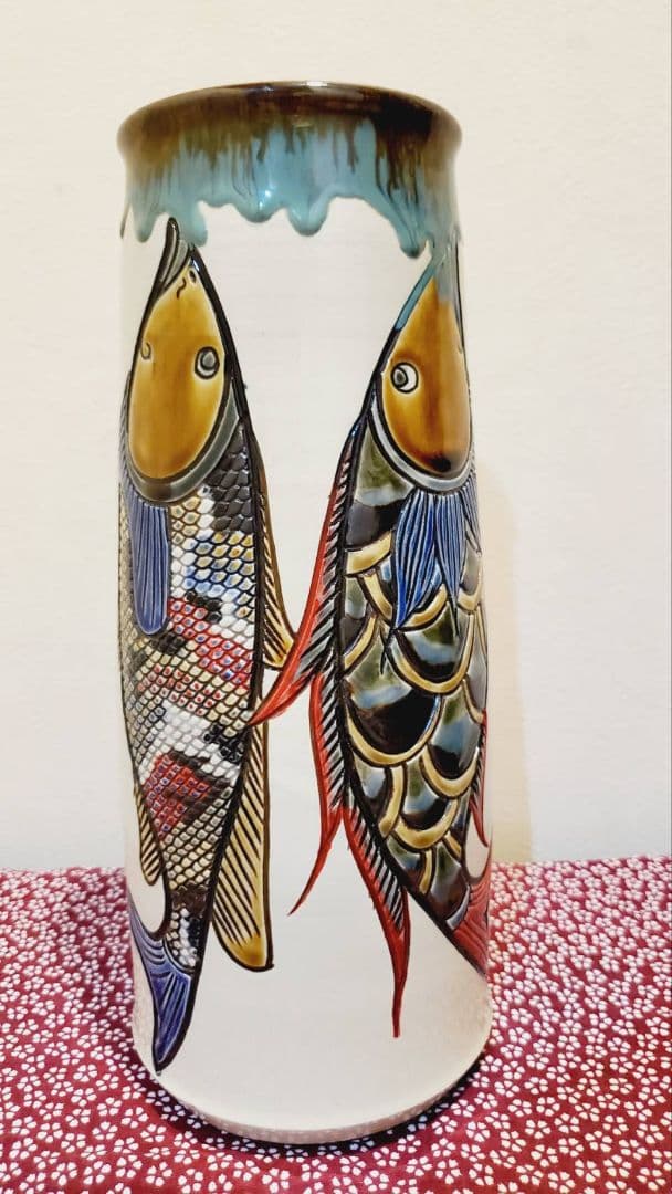 ⑥宮城三成 魚紋 大筒壺 鮮やか 人間国宝孫 やちむん 沖縄