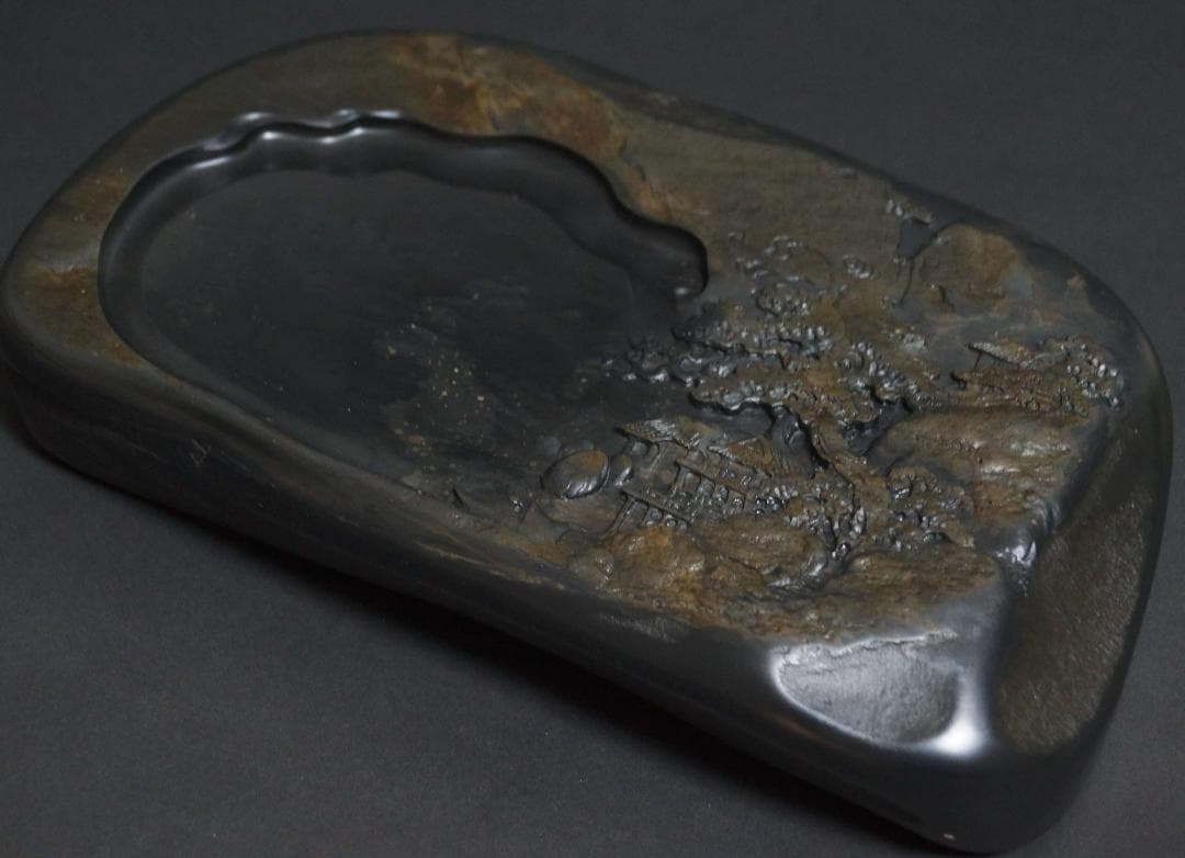 書道硯 歙州硯 金星硯 細工浮き彫り『山水風景文』大型硯 すずり 共箱 文房四宝