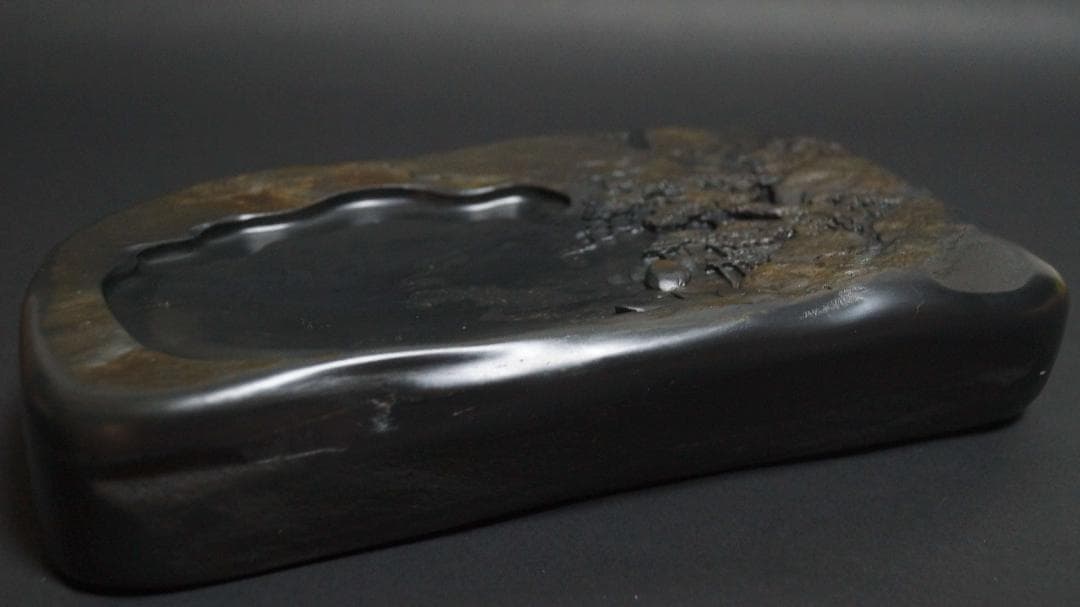 書道硯 歙州硯 金星硯 細工浮き彫り『山水風景文』大型硯 すずり 共箱 文房四宝