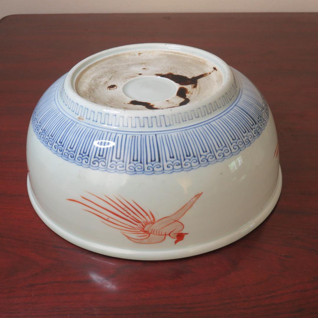 鉢 大鉢 色絵付け 赤絵 明治 大正 蛇の目 鳳凰 草文様