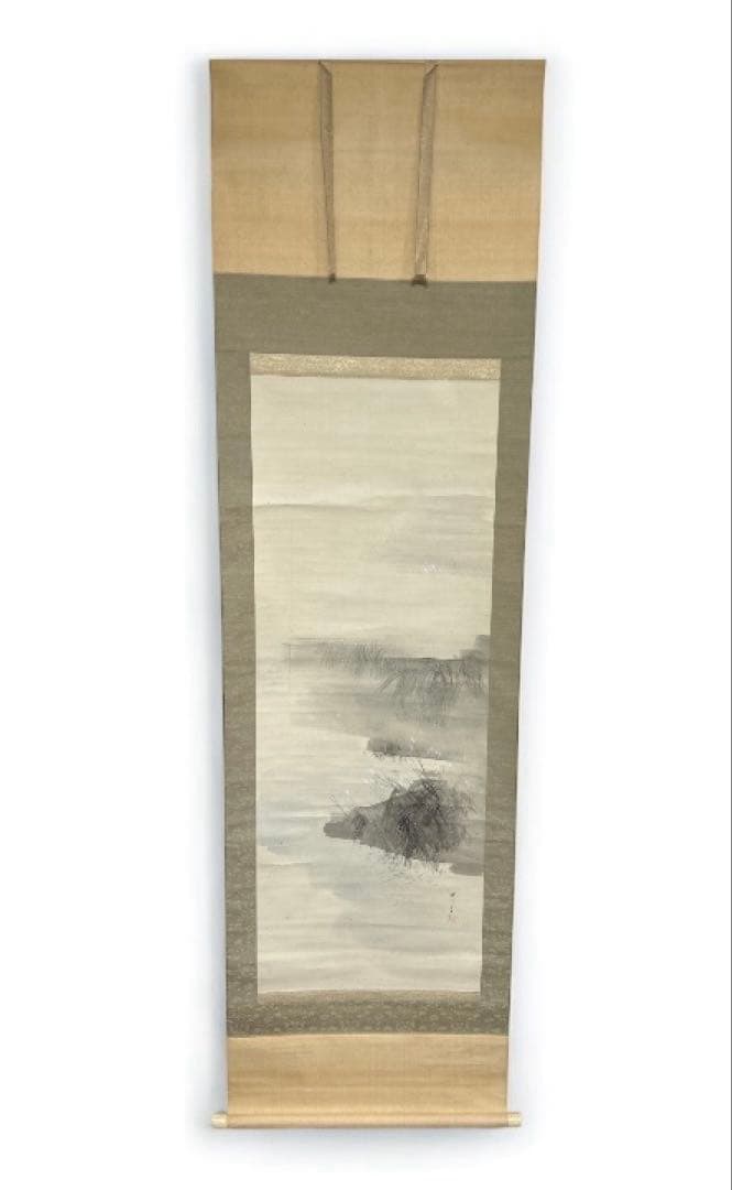共箱付　渡辺省亭 掛軸　芒山水図