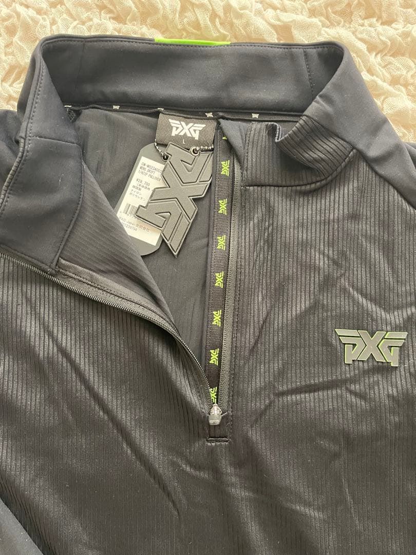 PXG ブラック ジップアップ長袖ポロシャツ
