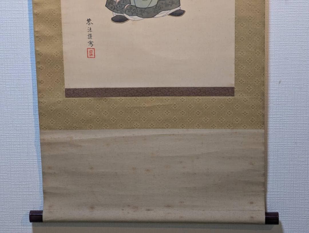 【真作】掛軸　奥村恭法　渡唐天神之図　梅花人物像　彩色日本画　共箱入　U15