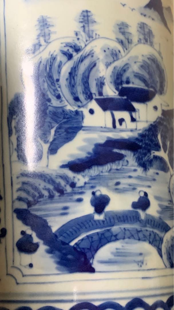 シノワズリ　ビンテージ　染付 青花　在銘　山水大壷　花瓶　大甕　オリジナル蓋付き