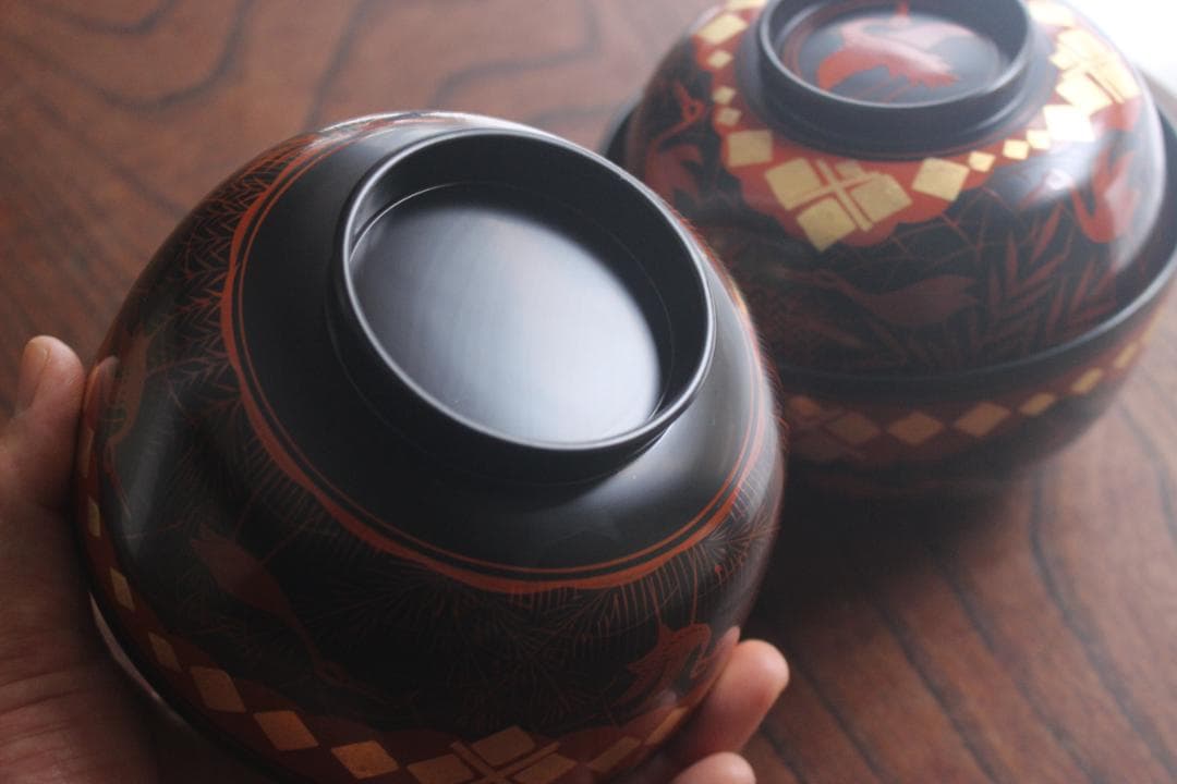 デッドストック！上質黒漆に極上秀衡蒔絵の映えるお椀2点（検山中塗