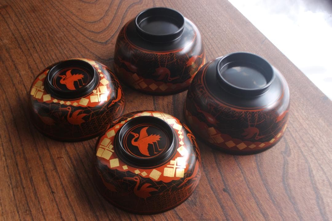 デッドストック！上質黒漆に極上秀衡蒔絵の映えるお椀2点（検山中塗