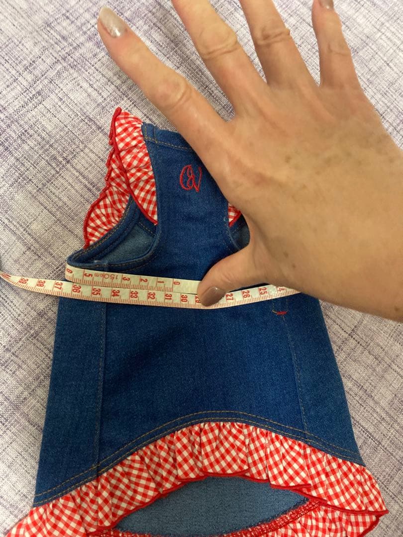 デニム犬服 ギンガムチェック フリル付き