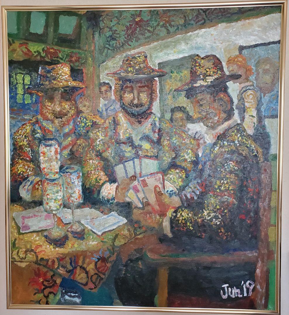 トランプで遊ぶ人たち   油絵   ※肉筆   額あり