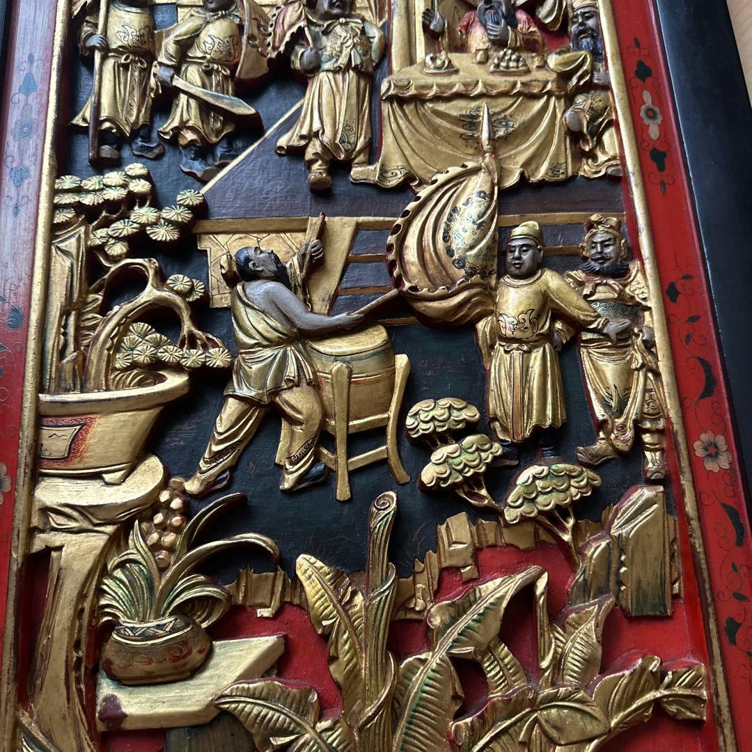 希少　骨董品　金彩　木彫　清時代　民国　大型　壁飾り　唐木