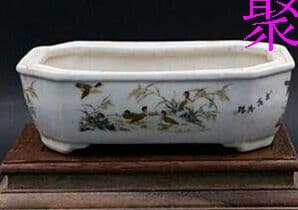 パステルカラーのオシドリの絵植木鉢の中古品アンティークコレクション装飾植物K