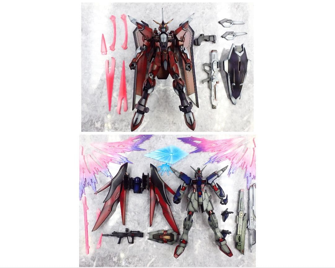 HGデスティニーガンダム、イモータルジャスティスガンダム 全塗装 ガンプラ完成品