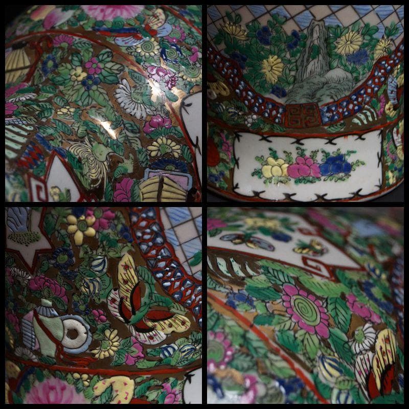 乾隆年製在銘 粉彩色絵窓絵『人物花蝶祥瑞文』大型飾壺 花瓶 高46.5cm