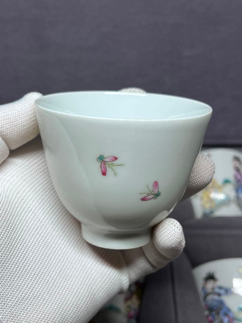 中国古美術 古磁 玩玉在銘 湯呑み 6点セット 手描き 細工粉彩 茶道具 箱付き