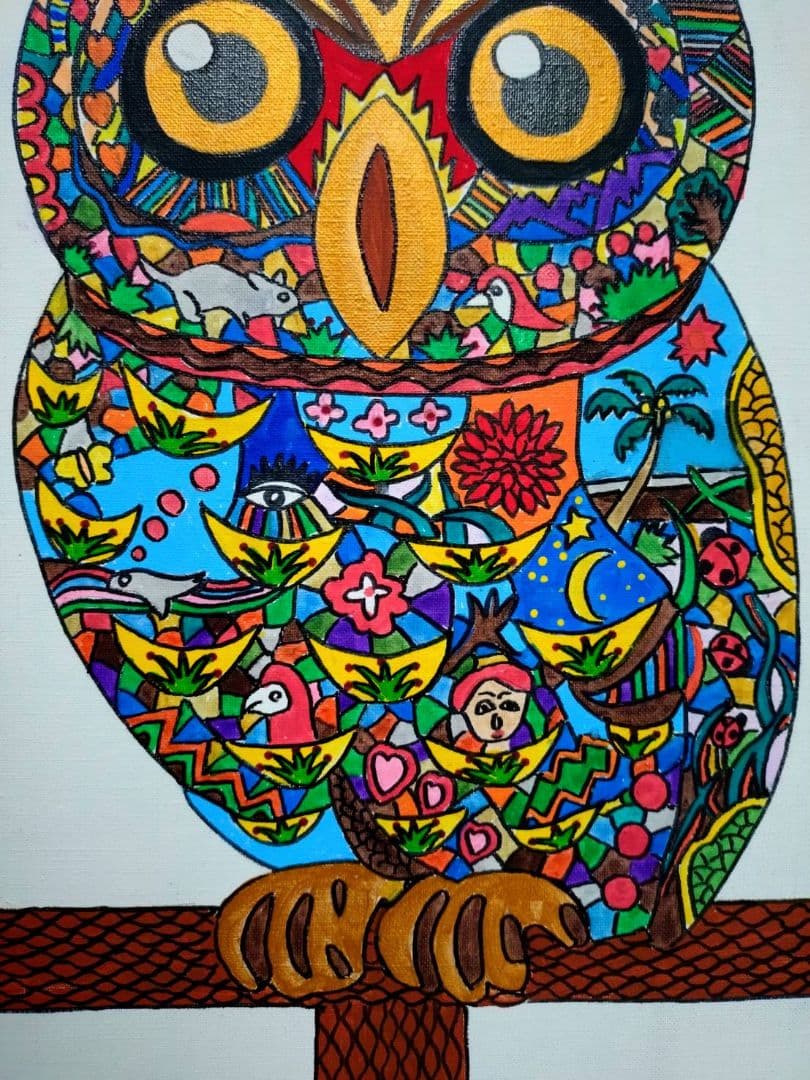 【F6号】ジミー大西【森フクロウ】手描き/表裏サイン/油彩/アクリル/絵画/額縁