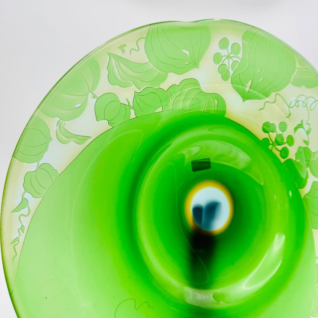 【硝子工芸　山田美彌子　月の宵　大皿　共箱】インテリア　グリーンガラス