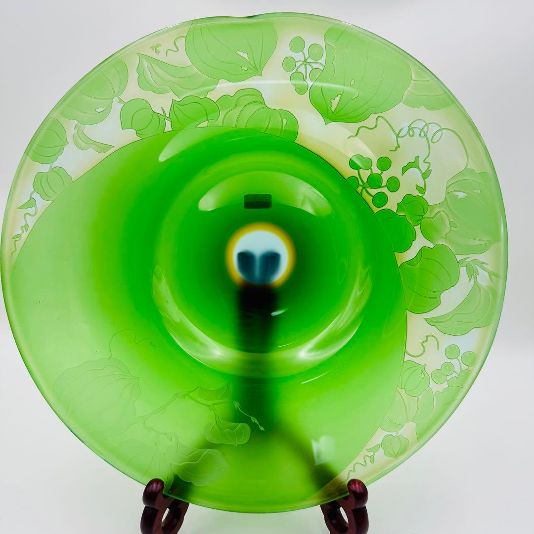 【硝子工芸　山田美彌子　月の宵　大皿　共箱】インテリア　グリーンガラス