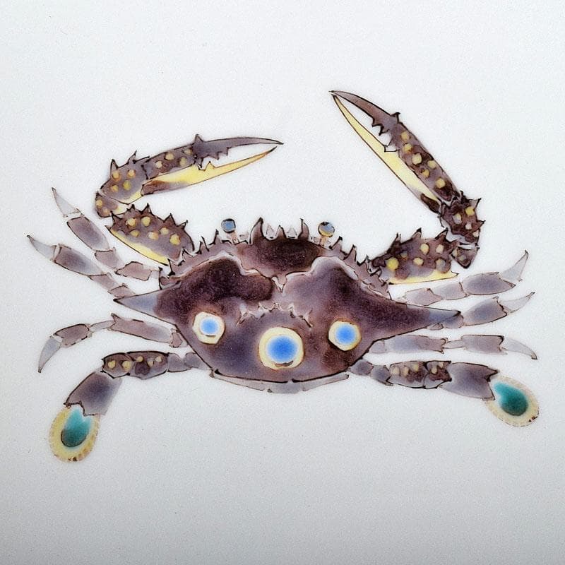 九谷焼　武腰潤作　色絵夏蟹更紗文　四方台皿　共布共箱　Y　R8415B