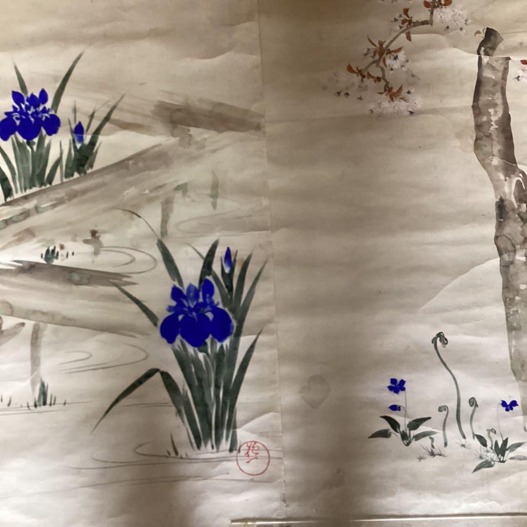 酒井抱一　紙本　捲り三幅　【桜に草花図、芥子の花、菖蒲図】落款印譜　模写108