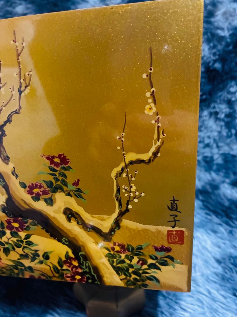 【野畑直子】作 金地漆絵四季花鳥図碁盤 碁笥 本蛤那智黒碁石 約42x45cm