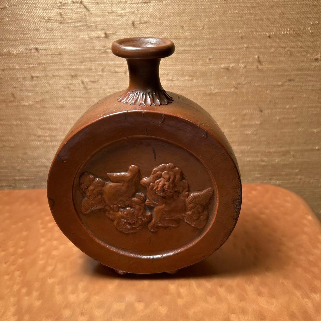 骨董　備前焼陽刻獅子文徳利