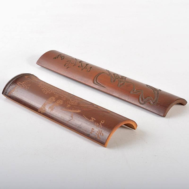 茶道具　古竹　漢詩刻　山水人物刻　茶合　碗鎮　在銘　2点まとめて　M　R6743