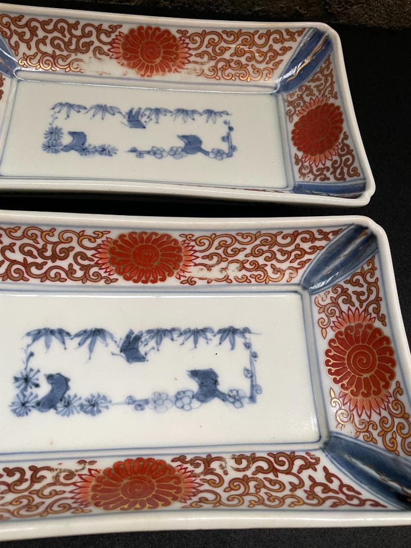 江戸期 富貴長春 古伊万里 染付 金彩 色絵 骨董 長皿 蛸唐草紋 美品 2客