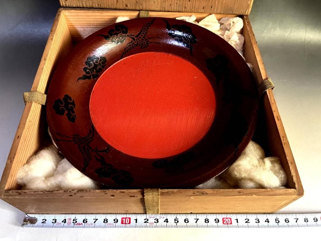 盆■煎茶盆 塗師春久 日の丸菓子盆 菓子器 鶴雲 漆器 共箱 時代物 骨董品■