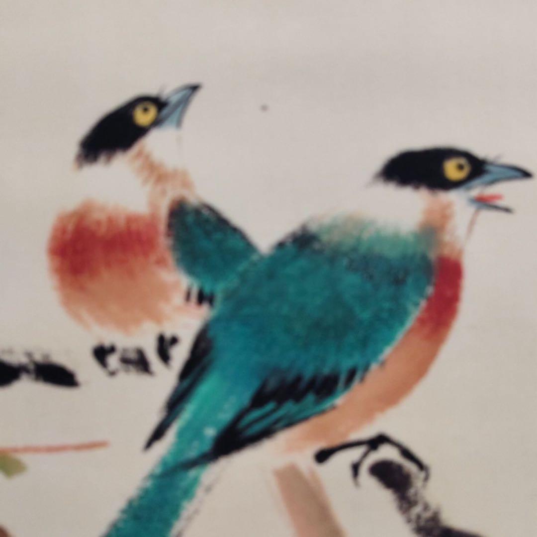 【掛軸】花鳥図「連蒂双栖」颜伯龙風 宣紙・表装済み 176×68cm