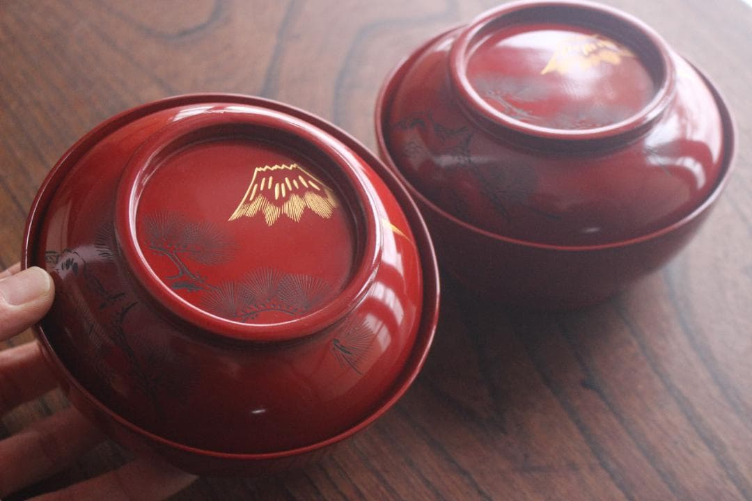 保管傷有！時代朱漆に風情ある富士松沈金の映えるお椀2点（検輪島塗蒔絵椀煮物椀