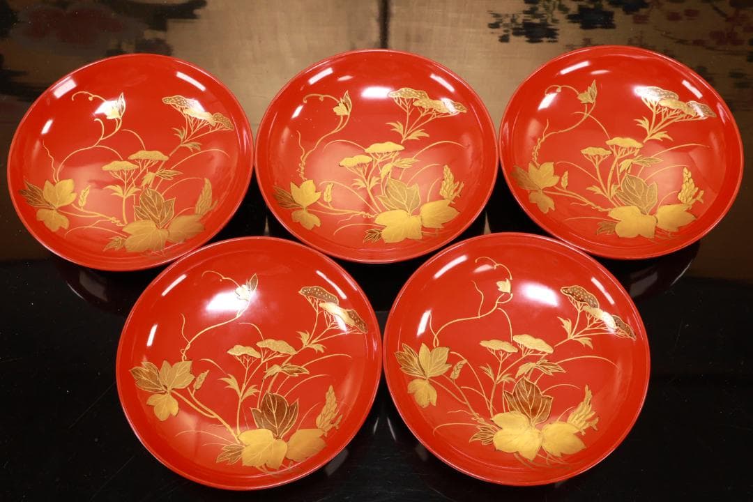 時代輪島塗　草花蒔絵　吸物椀　十客　木製　茶道具　懐石　菓子　BJ134