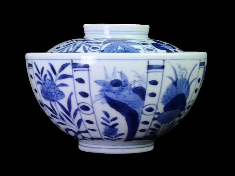 古伊万里　染付　芙蓉手　花鳥紋の図　大振蓋茶碗　F319AS-CXz