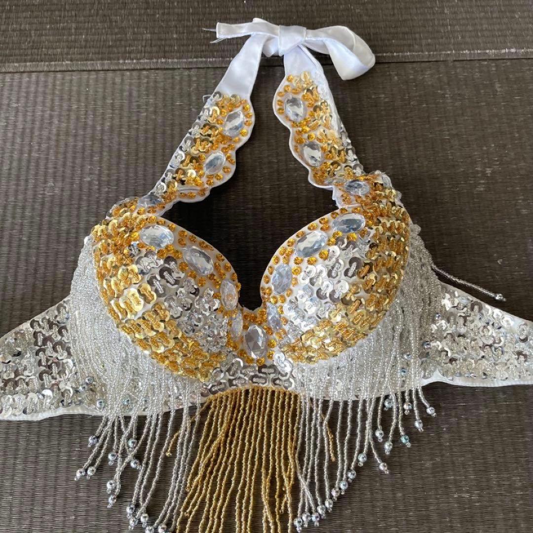 ベリーダンス衣装ビーズフリル ブラ & ベルトセット【ホワイト】豪華オリエンタル