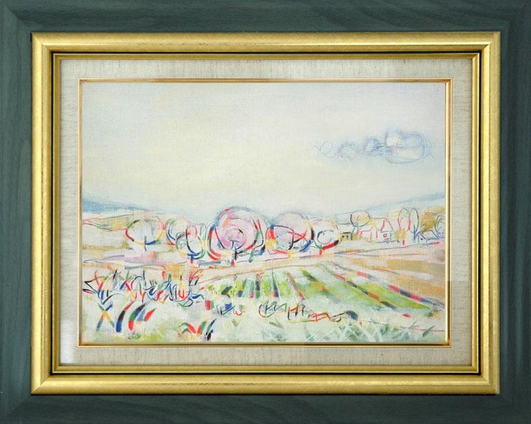 絵画 インテリア 絵 額付(銀) 油絵 F4-080311 風景 畑と木